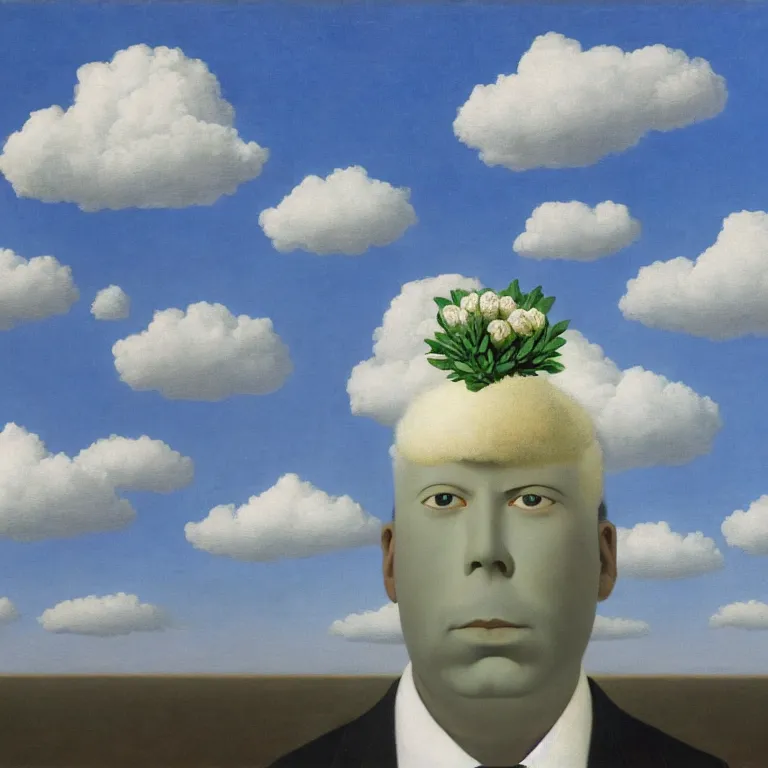 Image similar to portrait of a faceless beautiful flower - head man in a suit, clouds in the background, by rene magritte, detailed painting, distance, middle centered, hd, hq, high resolution, high detail, 4 k, 8 k