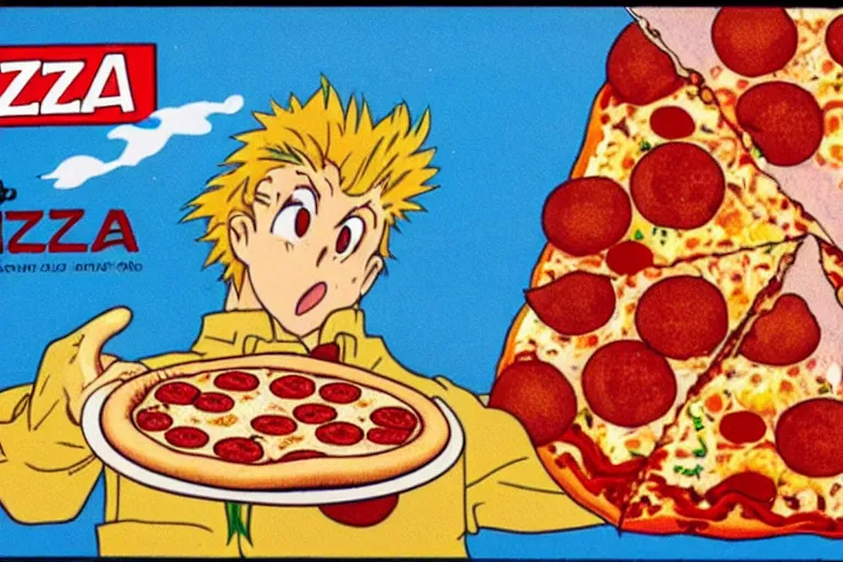 Prompt: pizza, 80s, advertisement, anime, explosion, explosion, explosion