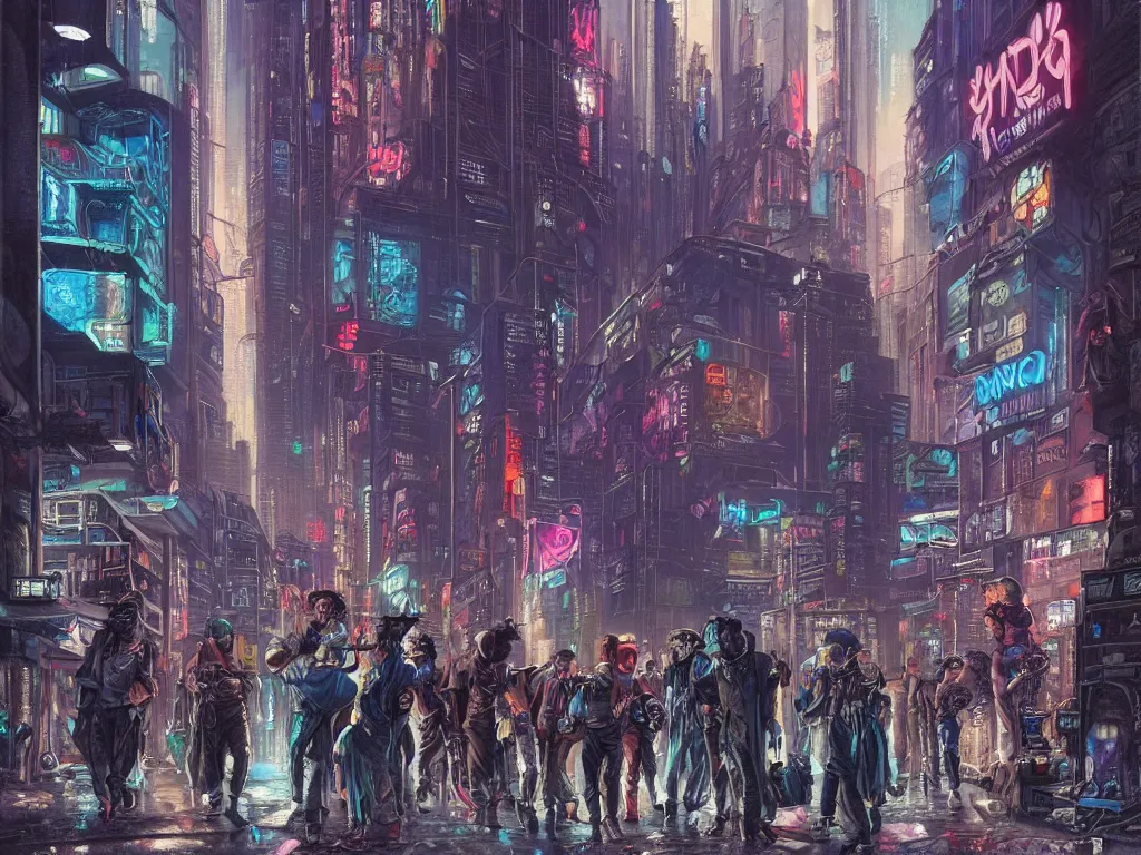 Prompt: a hyperrealistic matte painting of a cyberpunk gang on the streets of a lofty city, gritty, cyberpunk ads, piping, cables, art deco architecture, graffiti, fine detail, intricate, polished, blue color scheme, cinematic lighting, by john smith, noriyoshi ohrai