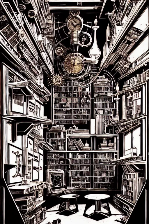 Image similar to a majestic steampunk alchemists bookshelf, two point perspective, furniture, high details, bold line art, by vincent di fate and joe fenton, inking, etching, screen print, masterpiece, trending on artstation, sharp, high contrast, hyper - detailed,, hd, 4 k, 8 k