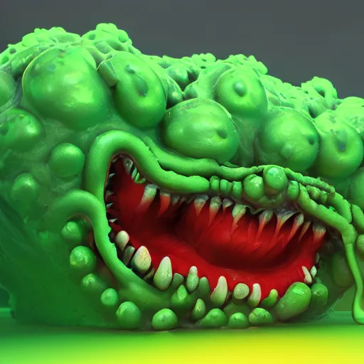 Image similar to slime monster made of Mucus, snot, pus, hair, ighly detailed, 3d, octane render, bright colors, digital painting, trending on artstation, sharp focus