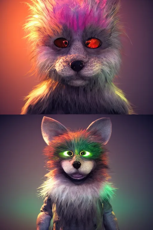 Prompt: 3 d model of adorable evil furry monster with glowing eyes by alexander jansson : 1 | centered, rainbow colored fur, matte background : 0. 9 | by jim henson : 0. 7 | dave melvin : 0. 4 | unreal engine, deviantart, artstation, octane, finalrender, concept art, hd, 8 k resolution : 0. 8