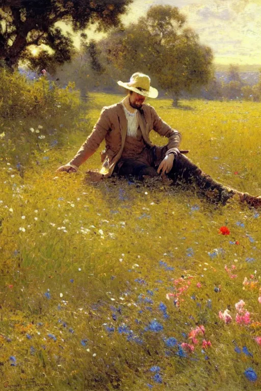 Prompt: attractive man relaxing in flower field, painting by gaston bussiere, craig mullins