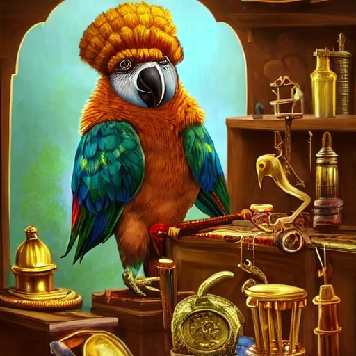 Image similar to Anthropomorphized parrot trader in his shop, selling his wares, portrait, items, gold, magic potions, carpet, window, sly expression , cunning expression, cute expression, long beak, presenting wares, holding a gold bag, D&D, fantasy, cinematic lighting, highly detailed, digital painting, artstation, concept art, smooth, sharp focus, illustration, warm light, cozy warm tint, magic the gathering artwork, volumetric lighting, 8k, art by Akihiko Yoshida, Greg Rutkowski