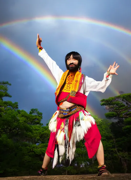 Image similar to japanese man with short hair and a beard wearing a native indian outfit, dancing next to a rainbow, full body portrait, dynamic lighting