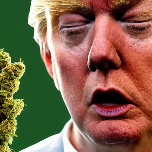 Image similar to close up photograph of very high on weed donald trump, stoner eyes, donald trump smoked weed, weed background, 8 k resolution