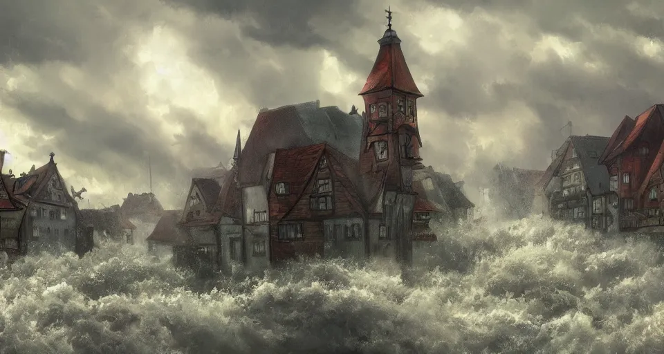 Prompt: dramatic landscape art of a german town being flooded during a thunderstorm, background art, concept art, dramatic lighting, trending on artstation, Studio Ghibli