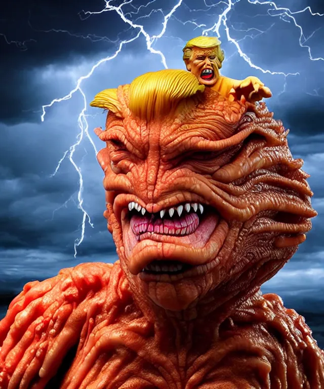 Image similar to hyperrealistic rendering, epic boss battle, cronenberg flesh monster donald trump, by art of skinner and richard corben, product photography, collectible action figure, sofubi, hottoys, storm clouds, outside, lightning