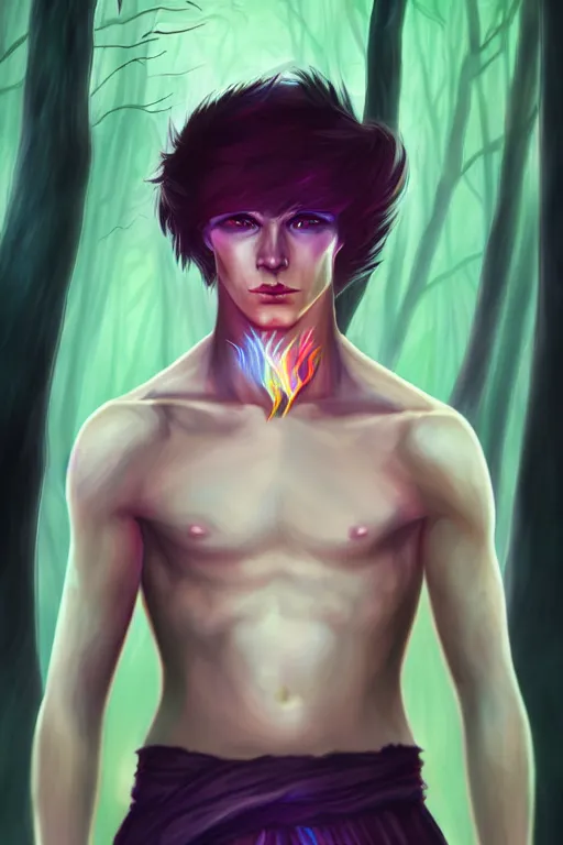 Image similar to a human elemental sorcerer, forest setting, colorful magic, male, white skin, portrait, young, sharp focus, concept art, dynamic lighting, by emylie boivin