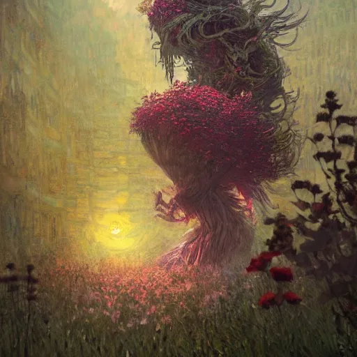 Image similar to a gigantic beautiful terrifying monster made of flowers looms over a tiny human. ethereal horror fantasy art by greg rutkowski and raymond swanland and monet