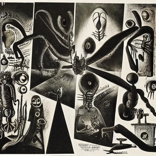 Image similar to a dadaist surrealist discordian subgenius collage of arachnophobia by max ernst, james gleeson, man ray, kurt schwitters, monochromatic source imagery, creepy, stygian, abyssal