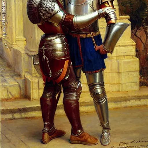 Image similar to attractive fully clothed arthur pendragon confesses his love for his attractive fully clothed male knight. highly detailed painting by gaston bussiere and j. c. leyendecker 8 k