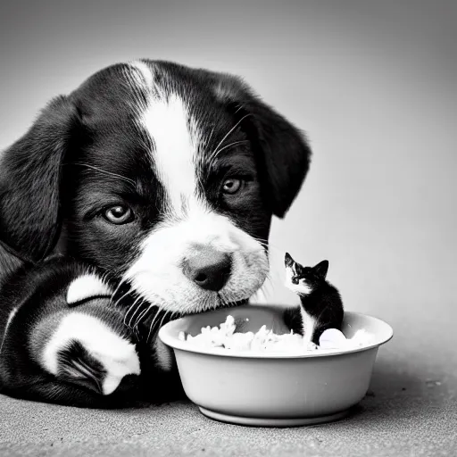 Image similar to black and white photography of a puppie sharing his meal with a small baby cat, animal photography, award winning photography by Leonardo Espina