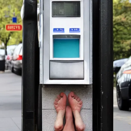 Image similar to man kicked in the head by a bare foot with toes coming through the handset of a pay phone