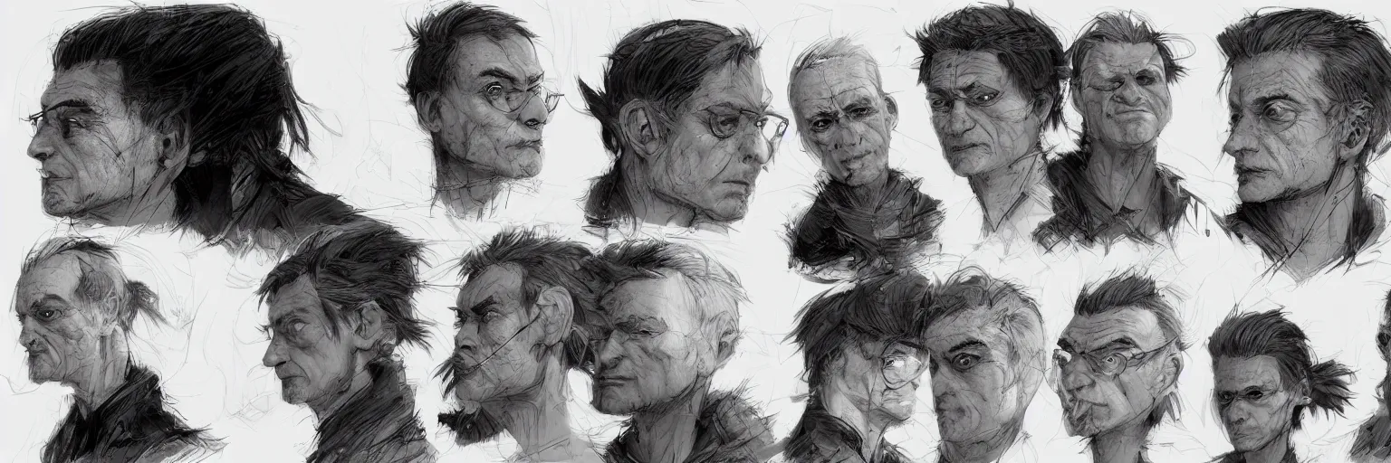 Image similar to character faces, realistic marc ribot face, clear marc ribot face, character sheet, fine details, concept design, contrast, kim jung gi, greg rutkowski and da vinci, trending on artstation, 8 k, emotional, face turnaround, front view, back view, side view, ultra wide angle