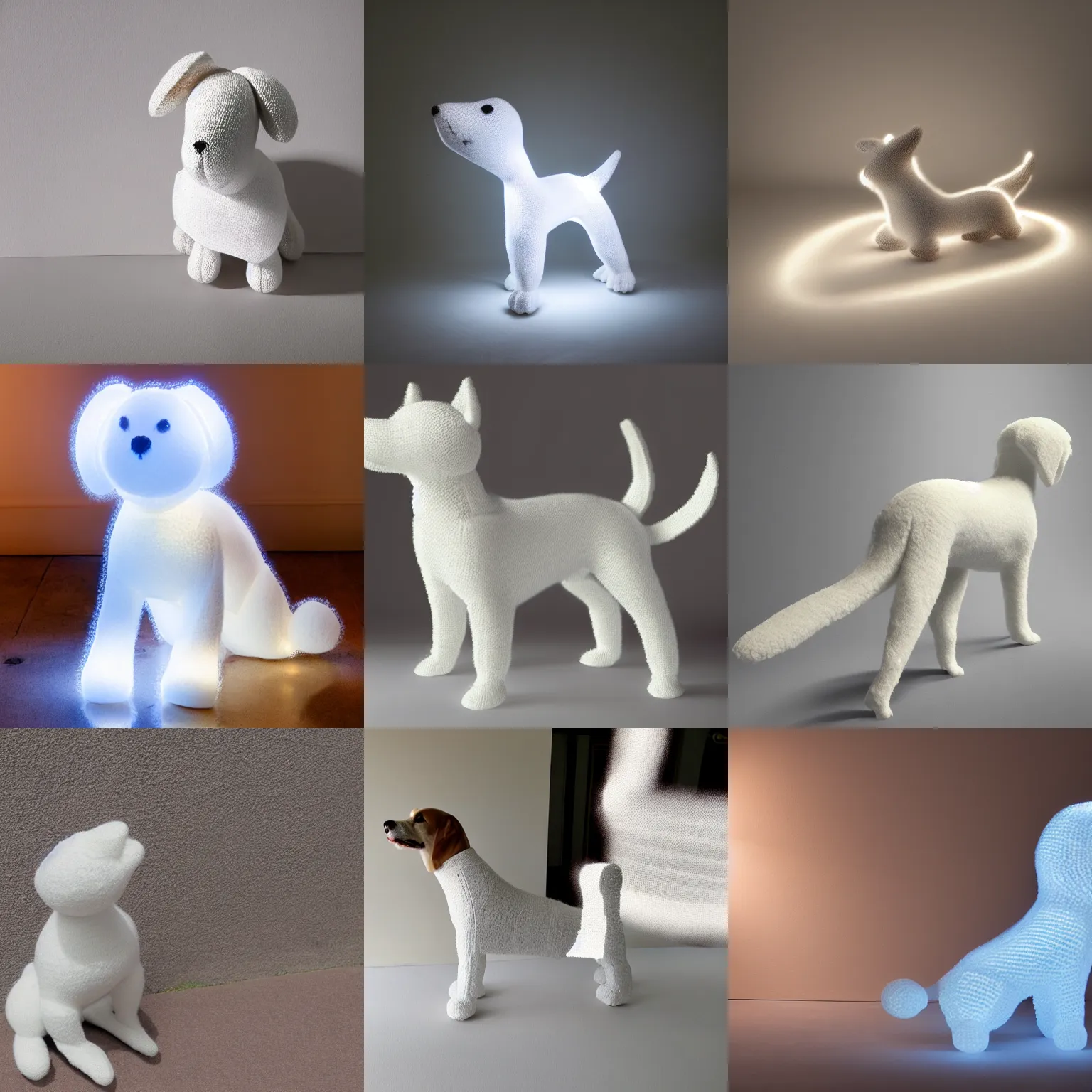 Prompt: White knitted dog, volumetric light