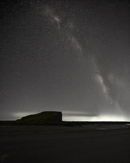 Image similar to perseid meteor shower over the giant's causeway, in the style of the dutch masters and gregory crewdson, dark and moody, depth of field