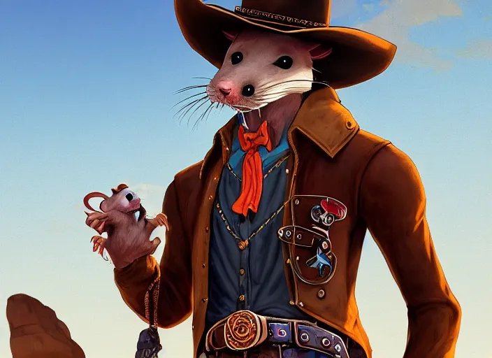 Prompt: character portrait feature of the anthro male anthropomorphic rat fursona wearing cowboy outfit wild west desperado standing next to an old monte carlo vintage car, character design stylized by charlie bowater, ross tran, artgerm, makoto shinkai, detailed, soft lighting, rendered in octane