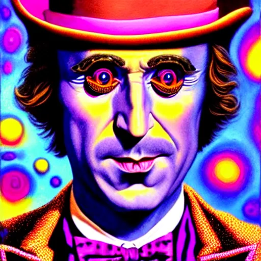 Image similar to An extremely psychedelic portrait of willy wonka, surreal, LSD, face, detailed, intricate, elegant, lithe, highly detailed, digital painting, artstation, concept art, smooth, sharp focus, illustration, art by Jason Edmiston