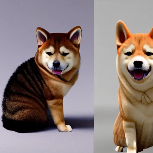 Image similar to Shiba inu morphed with a tabby cat, realistic photo