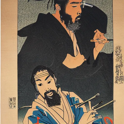 Image similar to RZA rapping, portrait, style of ancient text, hokusai