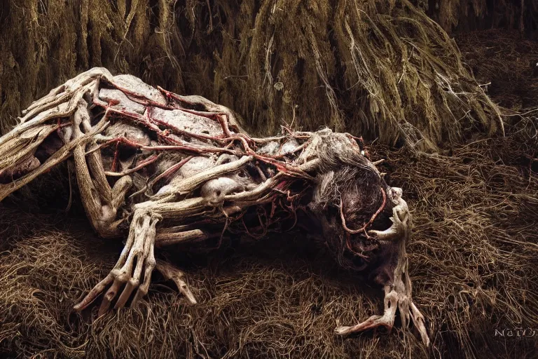 Image similar to photography of a tyrolean farmer, crawling on forest floor, wearing hay coat, with horns, roots coming out of mouth visible muscles and veins and arteries and bones and spines and nerves, eerie, flowers growing out of his body, detailed intricate insanely detailed octane render, 8k artistic 1920s photography, photorealistic, chiaroscuro, by David Cronenberg, Raphael, Caravaggio