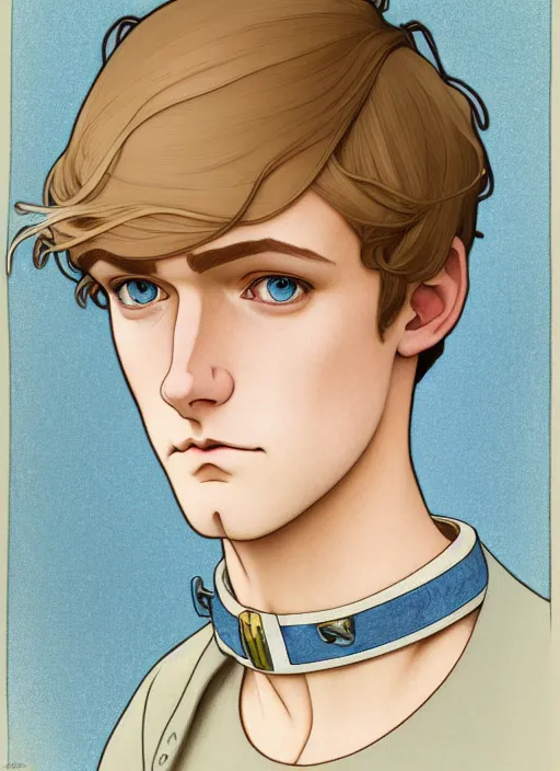 Prompt: art nouveau portrait of a pretty young man with short light brown straw blond hair, light blue eyes, sad expression, scared, head down, shy and demure, wearing a choker collar, natural lighting, path traced, highly detailed, high quality, cartoon, digital painting, by don bluth and ross tran and studio ghibli and alphonse mucha