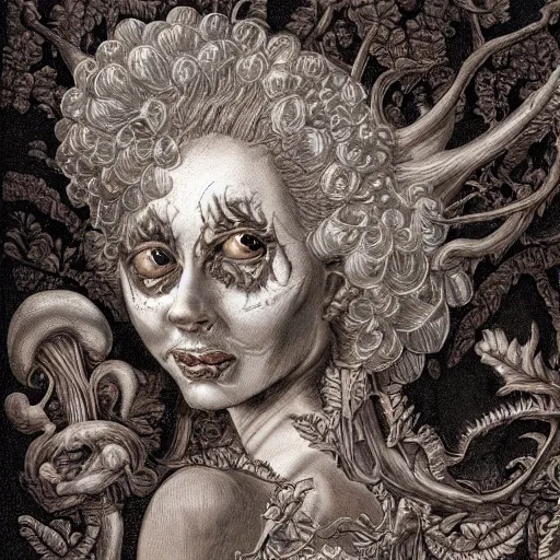 Image similar to a beautiful detailed rococo 8 0's photo of a rotten woman corpse morphing into fractal plants and fractal flowers and mushrooms, face muscles, veins, anatomical, intricate, ornate, volumetric light, beautiful lit, beetlejuice