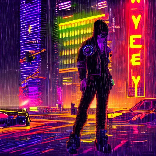 Prompt: digital drawing of a cyberpunk character in a neon city at night in the rain