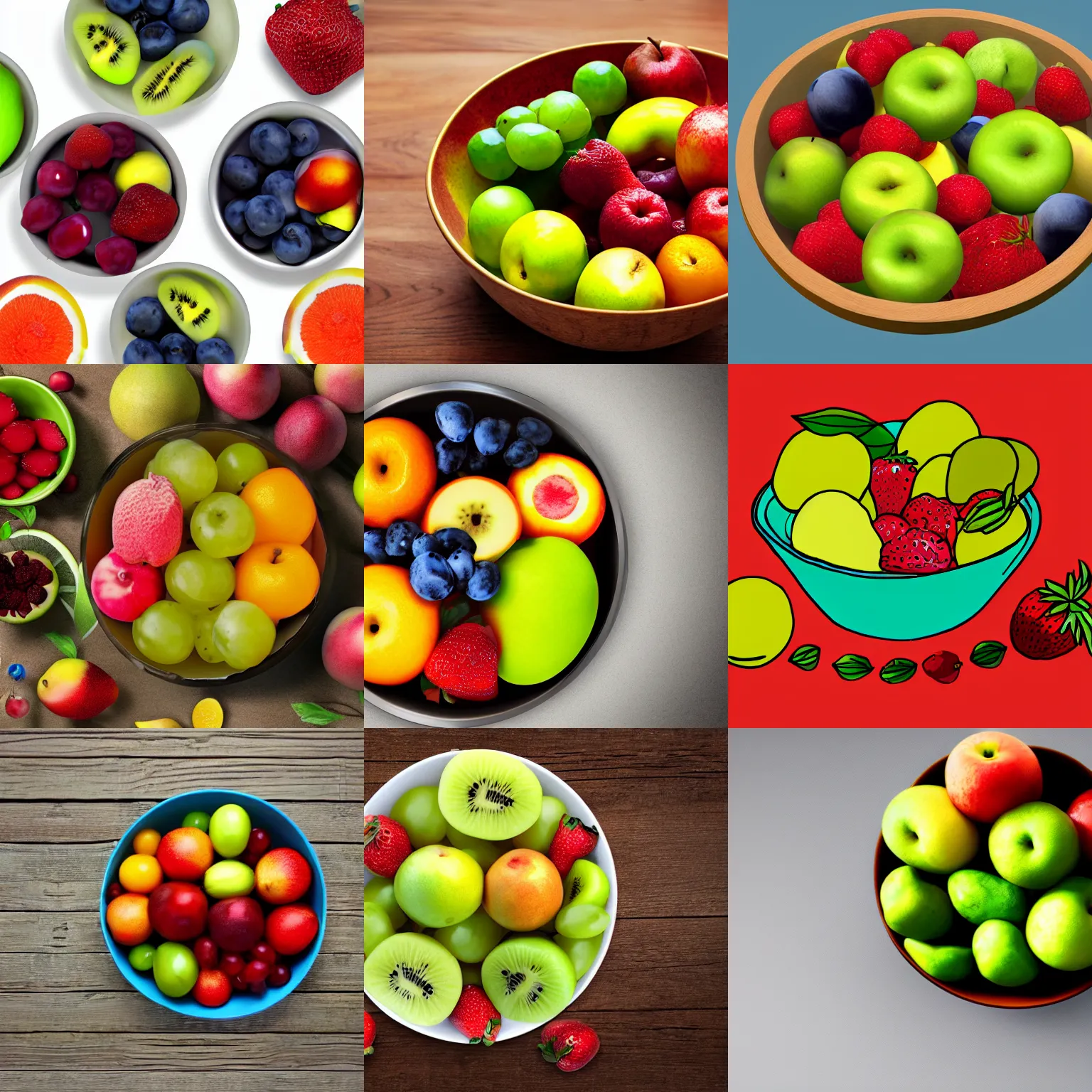 Prompt: computer graphics showing a bowl of fruit