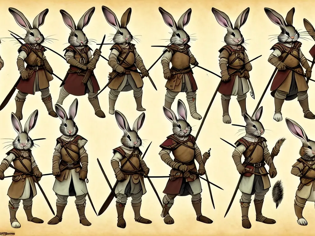 Prompt: character design sheet for a group of heroic rabbit archers on a parchment background, redwall, greg rutowski and jean baptiste monge, very very detailed, epic fantasy concept art