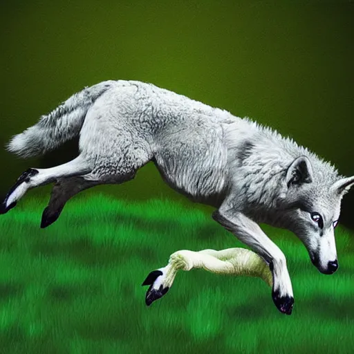 Prompt: wolf leaping over a sheep, green tone, digital art