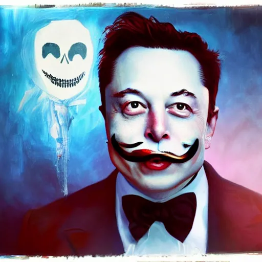 Image similar to elon musk as the grim-hatter with evil mustache grinning, cinematic, dark oil paint, realistic flavor, decaying rich colors!, instagram photo