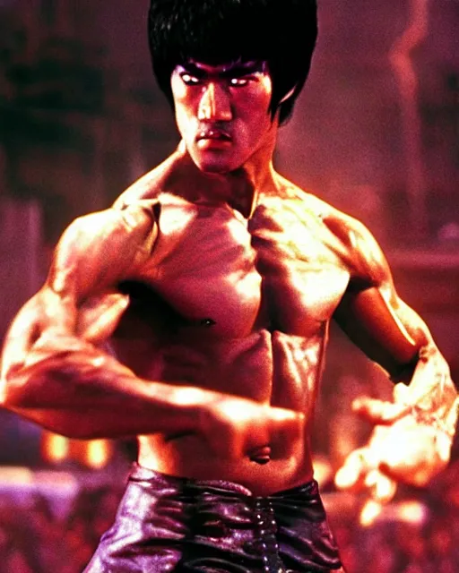 Image similar to bruce lee as kenshiro in live action fist of northstar movie, a bright glow surrounds his body, particle effects, hyperreal, post apocalyptic, mutants, martial arts, cinematic