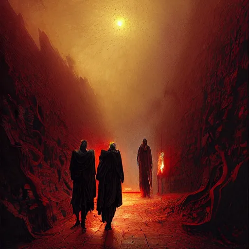 Prompt: Dante Alighieri and the poet Virgil walking through hell by Marc Simonetti