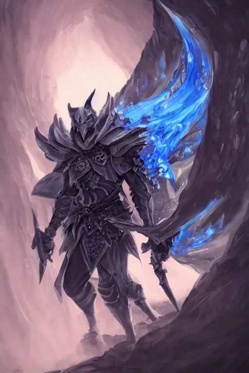 Image similar to anthropomorphic Azure wolf knight, DnD character art portrait, fantasy battleground, raining, blue flame, oil painting, heroic pose, magic the gathering artwork, D&D, fantasy, cinematic lighting, centered, symmetrical, highly detailed, digital painting, artstation, concept art, chromatic aberration, post processing, smooth, sharp focus, illustration, volumetric lighting, epic Composition, 8k, art, DeviantArt, trending on Artstation, Jason Felix, Steve Argyle, Tyler Jacobson, Peter Mohrbacher, Akihiko Yoshida, Greg Rutkowski, Craig Mullins, Frank Frazetta, cinematic lighting