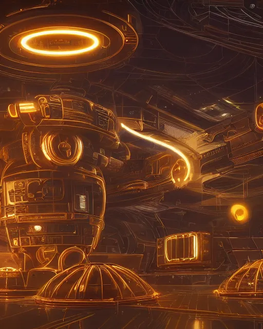 Prompt: cult of technology, exterior of scifi temple, machines, robots, ultra realistic, golden computers, highly detailed, atmosphere, masterpiece, epic lighting, glowing wires, transparent objects, mysterious, highlighted, 4 k, cinematic, art by patryk olkiewicz and chris ostrowski and liang yao