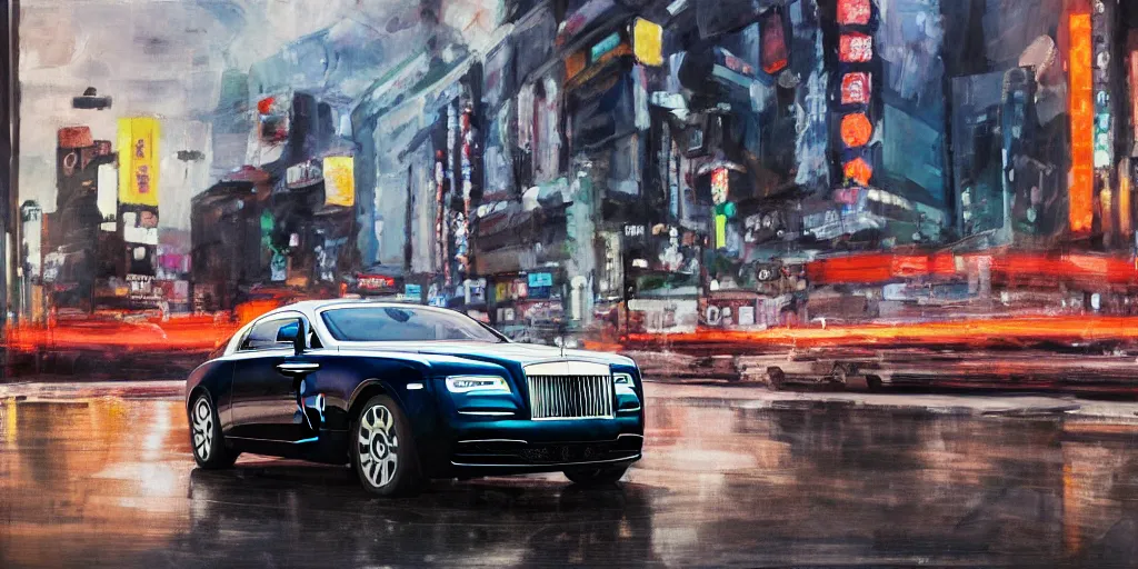 Image similar to a film still of a rolls royce wraith driving in the city of tokyo, oil painting, futuristic