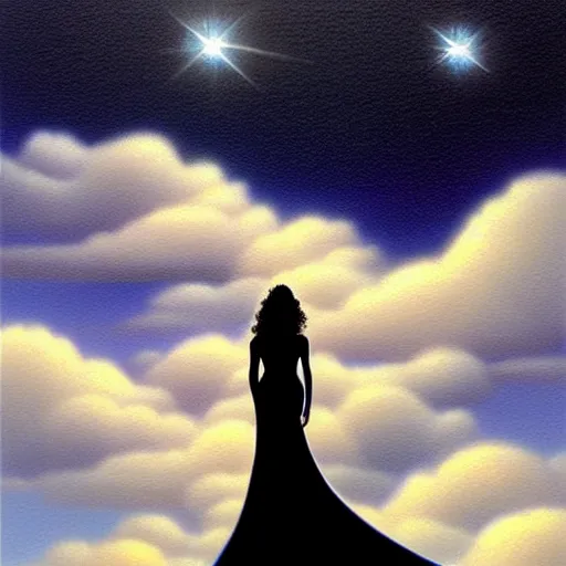 Prompt: portrait of woman walking up an infinity staircase in the clouds, sky background, art by peter lloyd, 1 9 8 0's art, retro art airbrush style, art by hajime sorayama,, intricate, elegant, sharp focus, illustration, highly detailed, concept art, matte, sharp focus, illustration, highly detailed, concept art, h 6 4 0