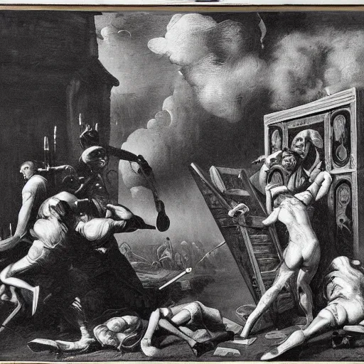 Prompt: 1900's picture of a clash between crypto artist and traditional artist in renaissance style black and white, terrors and riot on people faces, there's a computer in the side of the artist and an easel on the other side, the sky is rumbling, smokes everywhere, the duel happens in the middle an exhibition