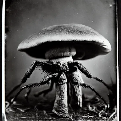 Image similar to Mushroom Temple Wizard with large magical spider legs by Ansel Adams Tintype 1800s