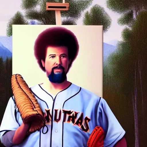 Prompt: a closeup photorealistic photograph of bob ross themed kenny powers playing baseball, painting on a canvas. mountains and trees. film still. brightly lit scene. this 4 k hd image is trending on artstation, featured on behance, well - rendered, extra crisp, features intricate detail, epic composition and the style of unreal engine.