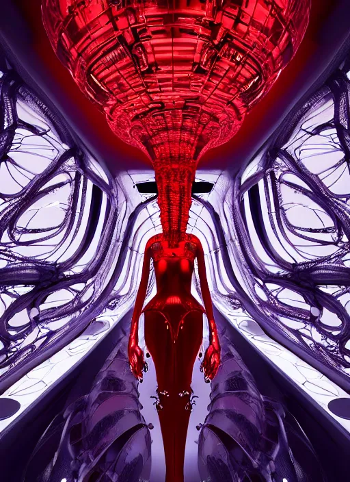 Prompt: background space station, red baroque inflateble dress iris van herpen positing on floor, helmet instead of a head, perfect symmetrical, full body shot, inflateble shapes, wires, tubes, veins, jellyfish, white biomechanical details, wearing epic bionic implants, masterpiece, intricate, biopunk, vogue, highly detailed, artstation, concept art