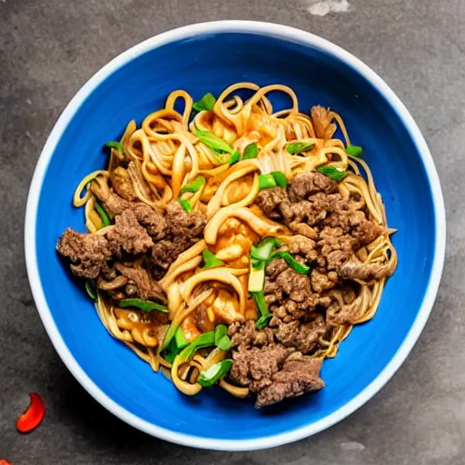 Image similar to a bowl of noodles with mixed beef sauce