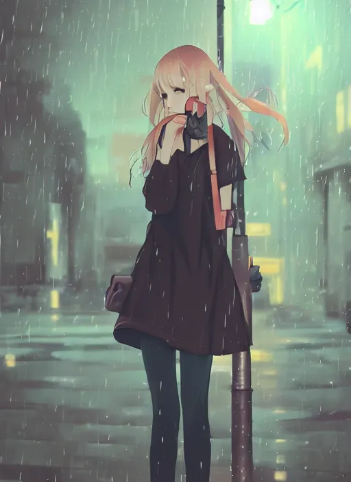 Prompt: listening to music at 2 am, night, pretty girl, pose, rain, lofi, lofi, peaceful, street light, anime key visual, poster, anime, by wlop, high quality, 4 k, trending, trending on artstation