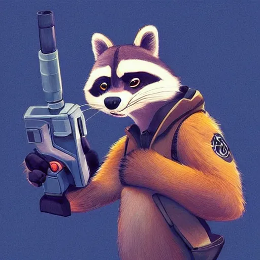 Image similar to “ racoon in the style of zootopia holding laser gun, floating alone, with a black background, digital art, award winning, trending on art station, retro style ”
