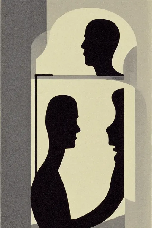 Image similar to man looking at his reflection in the mirror, 1960’s minimalist advertising illustration, painterly, expressive brush strokes