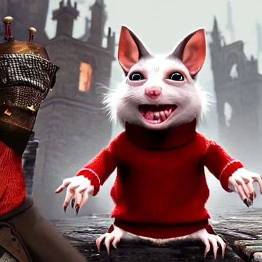 Prompt: stuart little as a monstrous dark souls boss, wearing a red sweater and his fur is white, visually grotesque, unreal engine 2