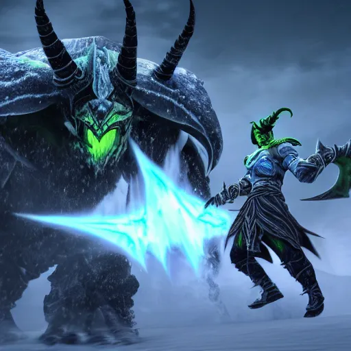 Prompt: Illidan fighting Arthas. Frozen landscape. Warcraft-style. Cinematic shot.