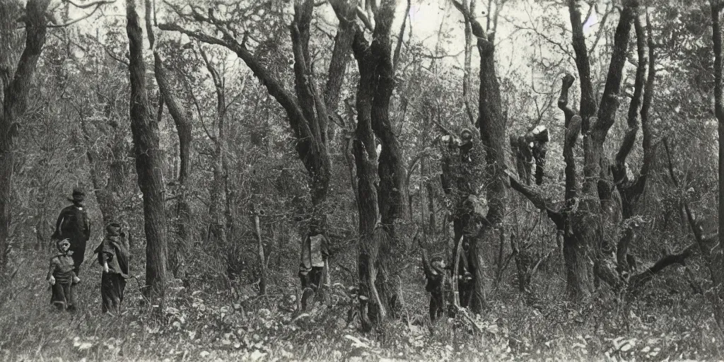 Prompt: family of bigfoots hiding behind trees in an ominous forest, 1 9 0 0 s photography